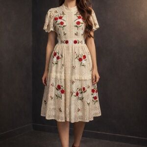 Cream Lace Midi Dress with Red Floral Embroidery